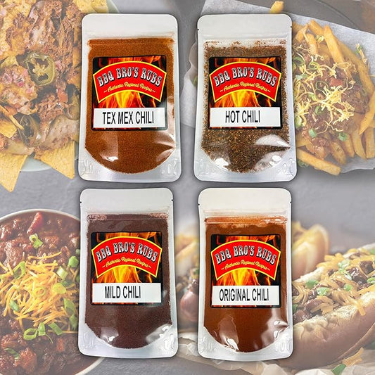Chili Seasoning Mix by BBQ BROS (Original, Mild, Hot & Tex Mex) - Award Winning Chili's - 4 Variety Flavor Chili Kit - Taco Seasoning - Vegan & Vegetarian Friendly - Kosher- NO MSG, Gluten Free & No Artificial Preservatives