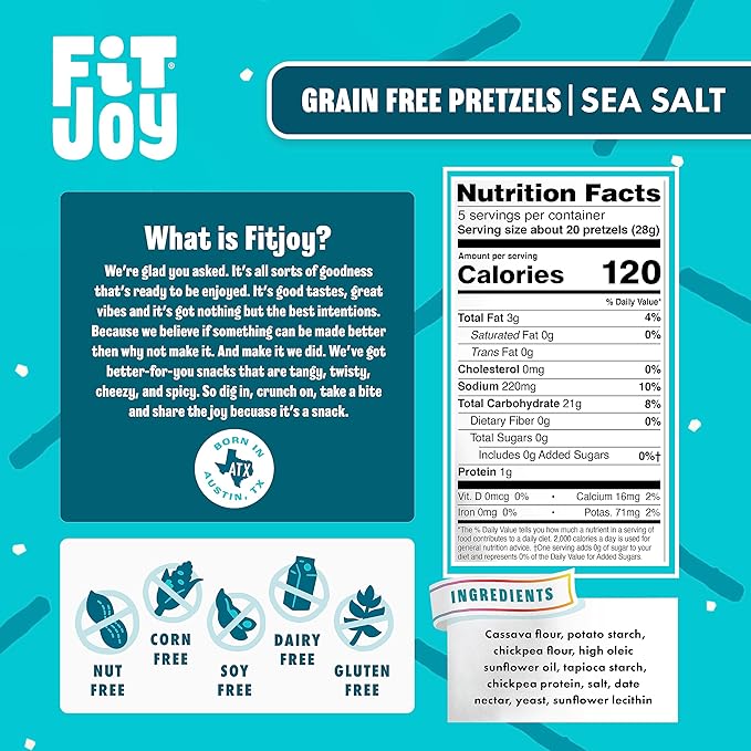 FitJoy Sea Salt Pretzels (Pack of 6, 5 Oz) - Dairy, Nut & Gluten Free Snacks - Grain Free Cassava Root & Chickpea Flour Vegan Pretzel Sticks - Classic Snack Pretzels for Moms, Children and More