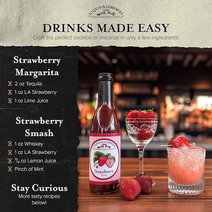 Liquid Alchemist Strawberry Syrup for Drinks - Real Ingredients Make our Strawberry Puree for Drinks a Perfect Margarita Mix - Our Flavored Syrup is Gluten & Dairy Free (25.4 oz)