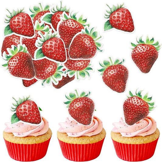60 Pack Edible Sweet Strawberry Cupcake Toppers Rice Paper Wafer Paper First Birthday Strawberry Cake Picks for Fruit Baby Shower Birthday Berry Sweet Kids Birthday Cake Decorations