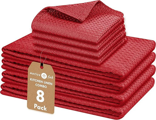 Native Fab 8 Piece Kitchen Towel & Dish Cloth Set - 100% Cotton, Soft, Absorbent, Quick Drying & Durable Cloths for Cleaning, Cooking - Machine Washable, Perfect for Home, Bars & Everyday Use - Red