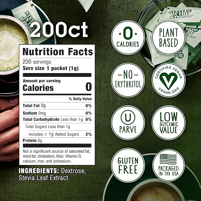 Stevia In The Raw Stevia Sweetener Packets, 200 Ct Box, Zero Calorie Stevia Sugar Substitute Packets, No Erythritol or Artificial Flavors, Vegan, Gluten Free, Kosher, Low Glycemic Index