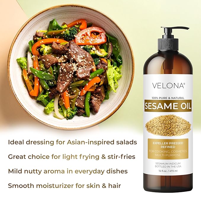 Sesame Seed Oil by Velona - 32 fl oz | 100% Pure and Natural Carrier Oil | Refined, Expeller Pressed | Cooking, Skin, Hair, Body & Face Moisturizing | Use Today - Enjoy Results