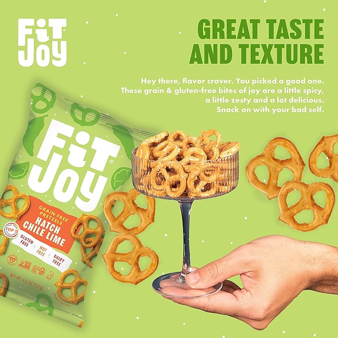 FitJoy Hatch Chile Lime Pretzels (Pack of 6, 5 Oz) - Dairy, Nut & Gluten Free Snacks - Grain Free Cassava Root & Chickpea Flour Vegan Pretzel Twists - Classic Snack Pretzels for Moms and More