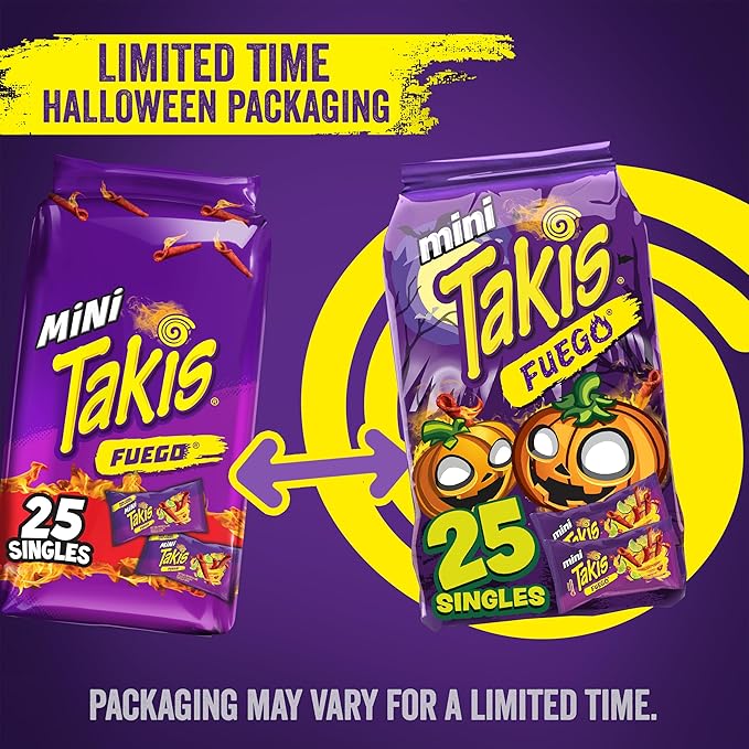 Takis Fuego Mini 25 pc / 1.23 oz Bite Size Multipack, Hot Chili Pepper & Lime Flavored Extreme Spicy Rolled Tortilla Chips