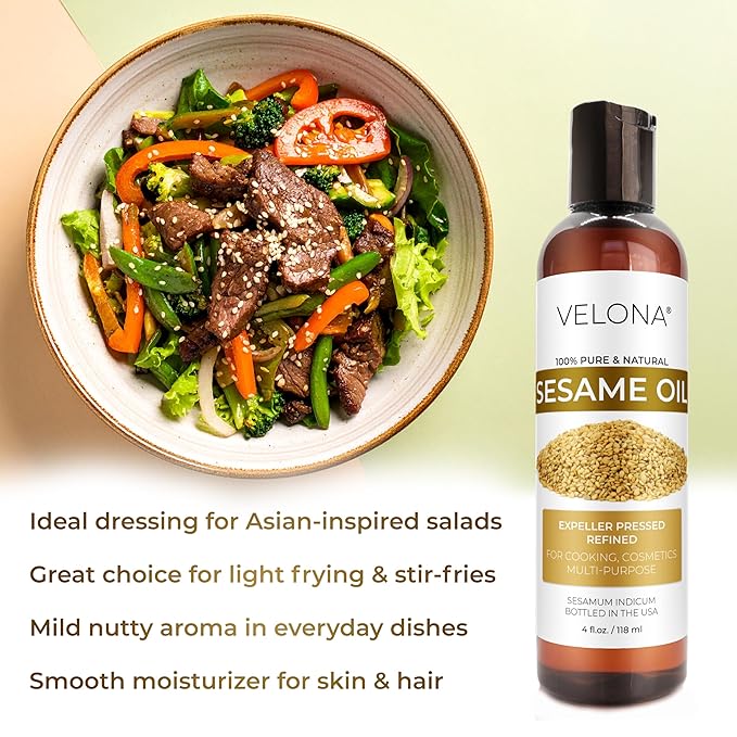 Sesame Seed Oil by Velona - 4 fl oz | 100% Pure and Natural Carrier Oil | Refined, Expeller Pressed | Cooking, Skin, Hair, Body & Face Moisturizing | Use Today - Enjoy Results