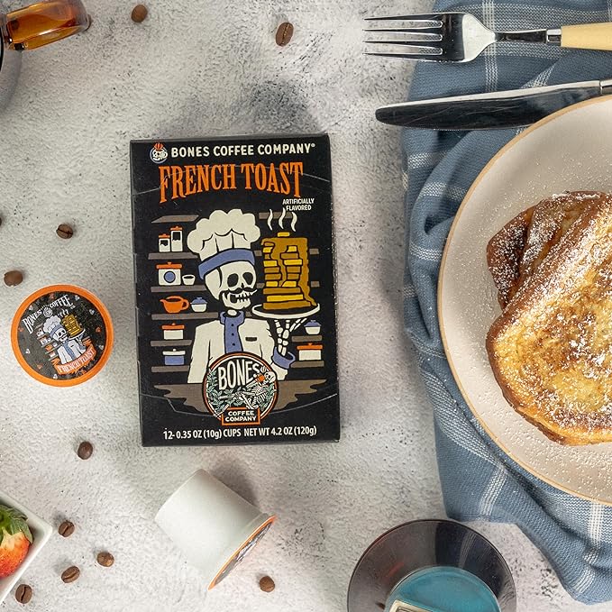 Bones Coffee Company Flavored Coffee Bones Cups French Toast | 12ct Single-Serve Coffee Pods Compatible With 1.0 & 2.0 Keurig Coffee Maker | Sweet Buttery Flavor Aroma