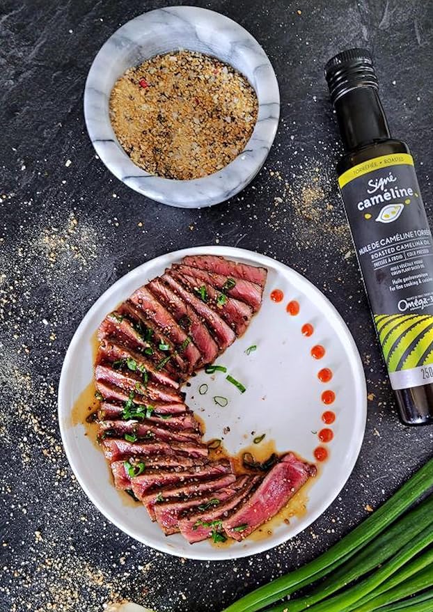 Cold-Pressed Roasted Camelina Oil, 250mL by Signé Caméline | High Smoke Point 475°F | Rich in Omega-3 | Notes of Roasted Hazelnuts and Sesame | Perfect in Asian Dishes, Ramen Noodles, Sushi & Sautés | Made in Canada | Non-GMO