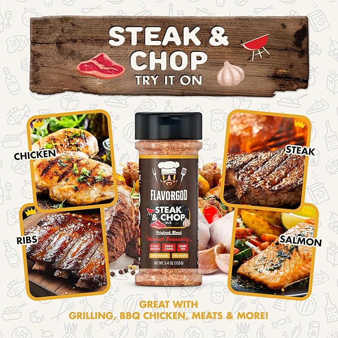 Steak & Chop Rub Seasoning Mix, 2 Bottles by Flavor God - Premium All Natural & Healthy Spice Blend for Beef, & Pork - Kosher, Zero Carbs, Gluten-Free & Vegan - Great Flavor Spices and Seasoning Gift