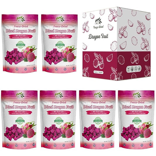CHAVI Freeze-Dried Diced Dragon Fruit Snack | 12 oz | Pack of 6 x 2 oz - Healthy 1 Ingredient Superfood - No Added Sugars or Preservatives - Non-GMO, Vegan, Gluten-Free