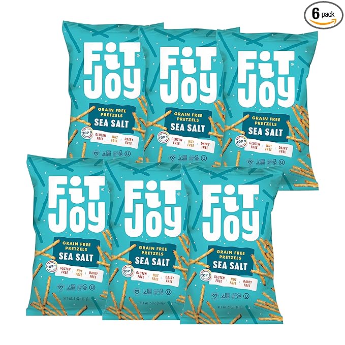 FitJoy Sea Salt Pretzels (Pack of 6, 5 Oz) - Dairy, Nut & Gluten Free Snacks - Grain Free Cassava Root & Chickpea Flour Vegan Pretzel Sticks - Classic Snack Pretzels for Moms, Children and More