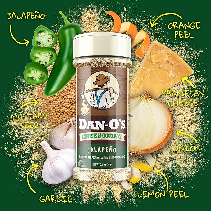 Dan-O's Jalapeño Cheesoning Seasoning, 2.6 oz Bottle, 2 Pack, Cheesy Seasoning for Pizza, Popcorn, Chicken, Bread and More, Sugar Free, Zero Calorie, Parmesan Cheese Replacement for your Favorite Food