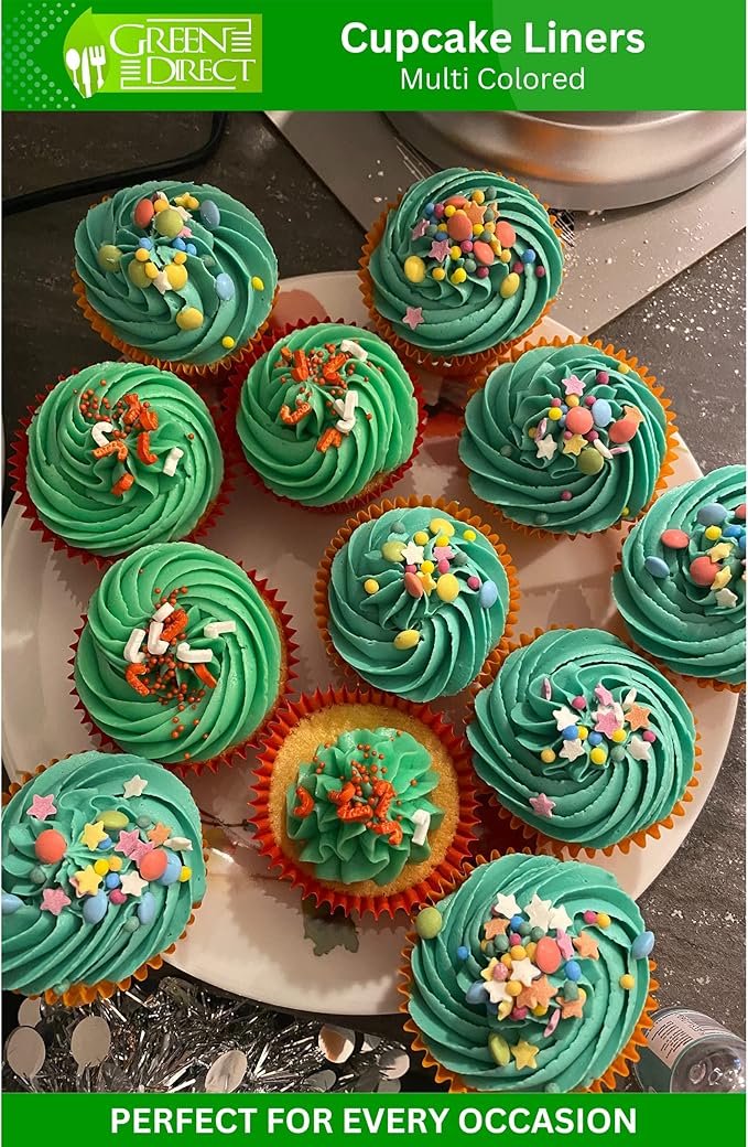 Green Direct Cupcake Liners - Standard Size Cupcake Wrappers to use for Pans or carrier or on stand - Multi bright Colors [Blue - Pink - Yellow - Green - Orange] Paper Baking Cups Pack of 500