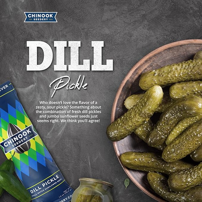 Chinook Seedery Roasted Sunflower Seeds to Eat - 1.5 oz (Pack of 36) Dill Pickle - Jumbo Low Sodium Sunflower Seeds Keto Snacks - Adventure, Baseball, School Snacks - Gluten Free, Non GMO Snacks