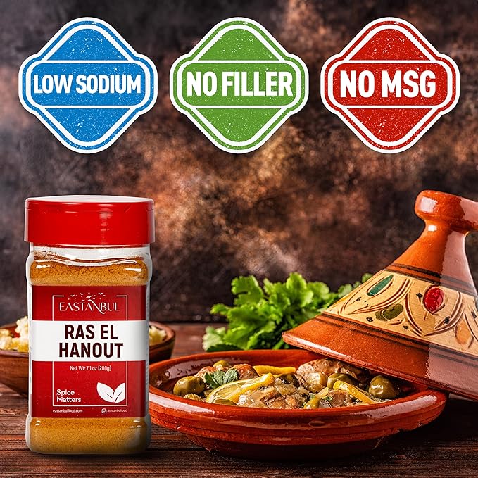 Eastanbul Ras El Hanout Spice, 7.1oz, Meat Seasoning, All-in-One Ras El Hanout Moroccan Spice Blend, North African Baharat Blend, Farm Fresh International Seasonings, Low Sodium, No MSG, No Filler