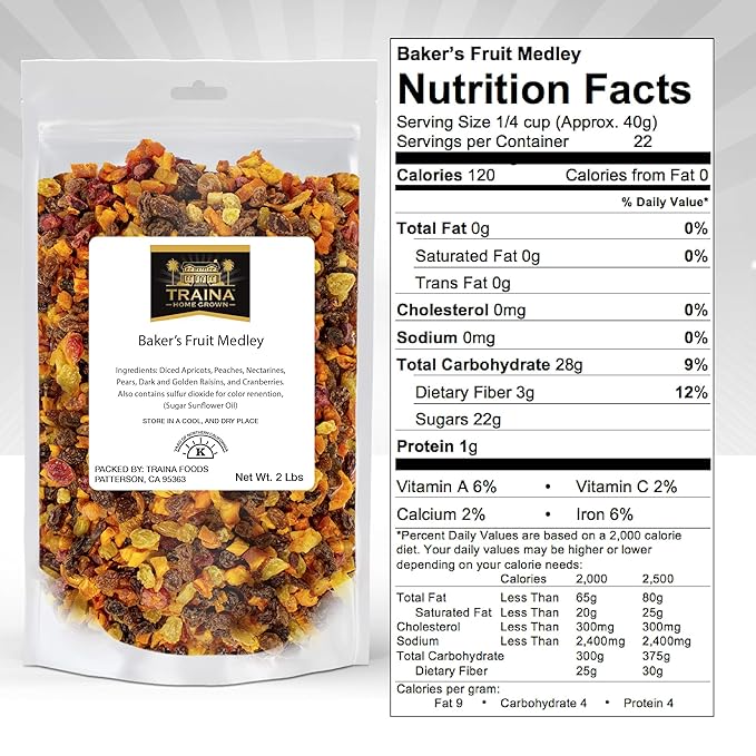 Traina Home Grown Sun Dried Baker?셲 Fruit Medley - Diced Peaches, Cranberries, Apricots, Pears, Nectarines, and Raisins - Non GMO, Gluten Free, Packed in Resealable Pouch (2 lbs)