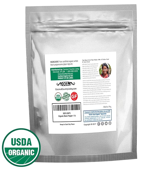 Organic Whole Black Peppercorns for Grinder Refill - 16 oz / 1 lb, Premium Whole Black Pepper Packed Fresh, Aromatic and Flavourful Spice, Non-GMO, Fair Trade