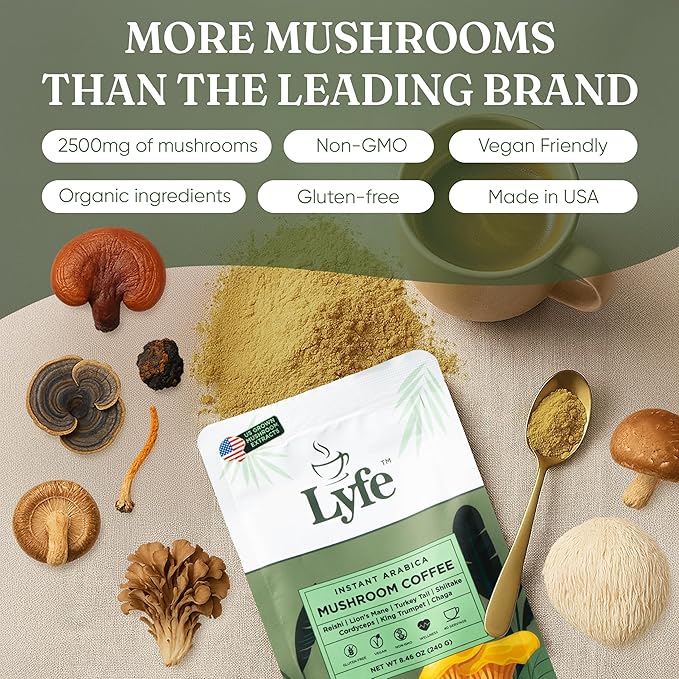 LYFE Organic Instant Mushroom Coffee ??Lion?™s Mane, Chaga, Cordyceps, Turkey Tail | USA Grown Adaptogenic Mushrooms for Better Energy, Focus, Gut Health, Immunity ??40 Servings