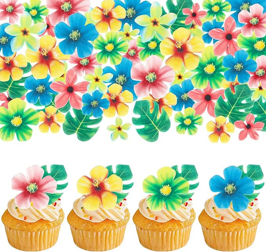 83 PCS Edible Tropical Palm Leaves and Hawaii Flowers Cupcake Toppers Edible Flowers Cupcake Picks Hawaii Theme Cake Decorations for Jungle Theme Birthday Party Wedding Cake Decoration Supplies