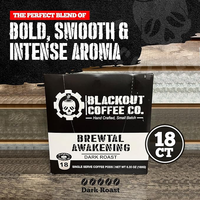 Blackout Coffee Brewtal Awakening Dark Roast Coffee ??HIGH CAFFEINE, Bold & Strong, Fuel Your Mission ??18 Count K-Cup Pods, American Made