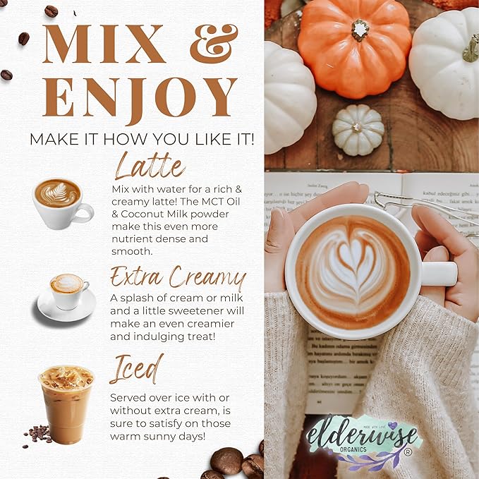 Elderwise Organics Coffee Spiced Latte | Powered by Pumpkin & Mushrooms | Sea Moss, Chaga, Lion's Mane, Reishi | 8 Servings - Freeze Dried Instant - Chemical free - Fair Trade