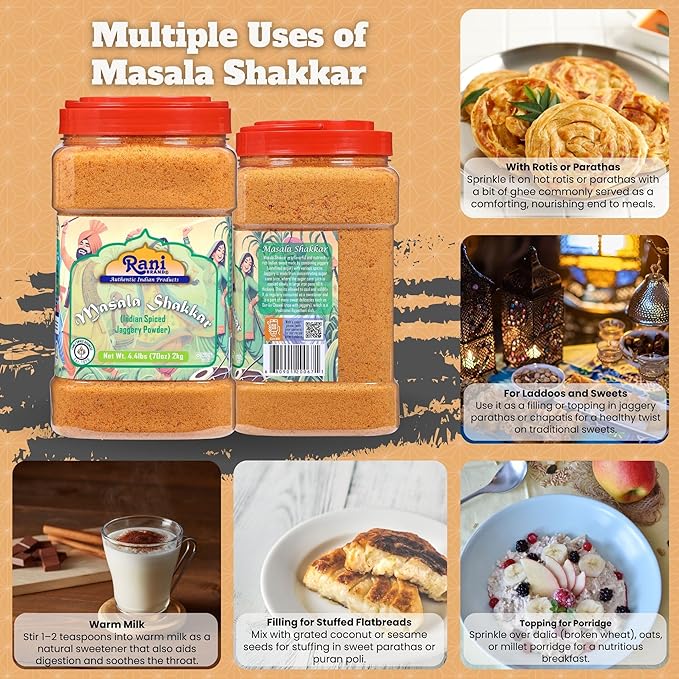 Rani Masala Shakkar (Indian Spiced Jaggery Powder) Unrefined Raw Cane Sugar 70oz (4.4lbs) 2kg PET Jar ~ Gluten Friendly | Vegan | NON-GMO | Kosher | No Salt or fillers | Indian Product