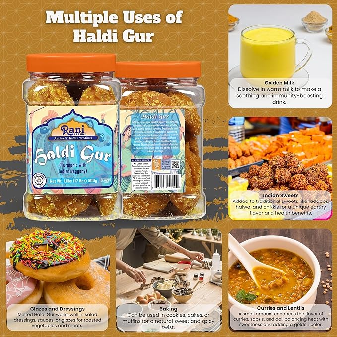Rani Haldi Gur (Turmeric with Indian Jaggery) Indian Unrefined Raw Cane Sugar 17.5oz (1.1lbs) 500g PET Jar ~ Gluten Friendly | Vegan | NON-GMO | Kosher | No Salt or fillers | Indian Product