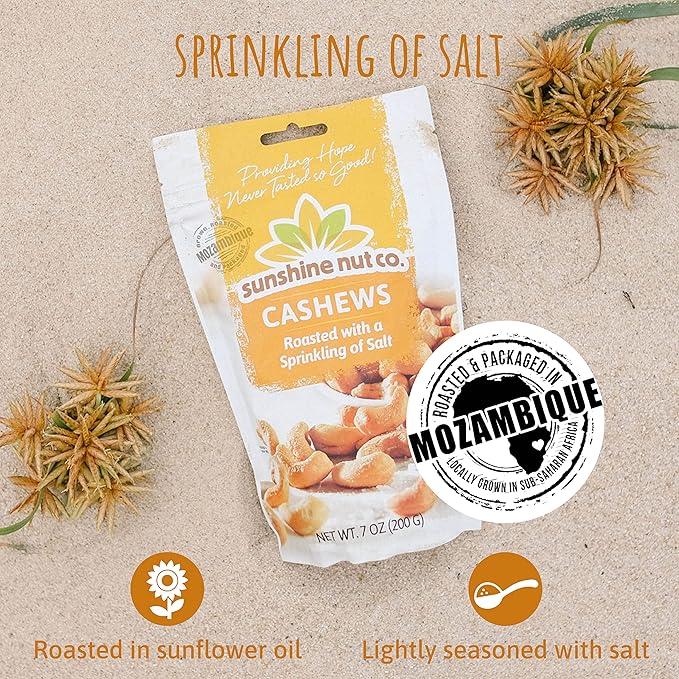 Sunshine Nut Company Whole Roasted Lightly Salted Cashews, Sprinkling of Salt Flavor, 2 Pack, 7 oz. Each, Gluten Free, Peanut Free and Vegan Individual Snack Packs for Kids and Adults, GMO Free
