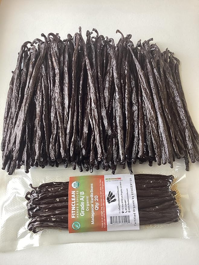 20 Organic Madagascar Vanilla Beans Grade A/B. Certified USDA Organic for Extract and Everything Vanilla| 5"-7" Bulk Fresh Whole NON-GMO Bourbon Pods by FITNCLEAN VANILLA.