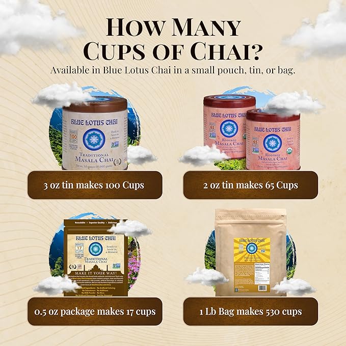 Blue Lotus Chai - Traditional Masala Chai - Makes 17 Cups - 0.5 oz Pouch Masala Spiced Chai Powder with Organic Spices - Instant Indian Tea No Steeping - No Gluten
