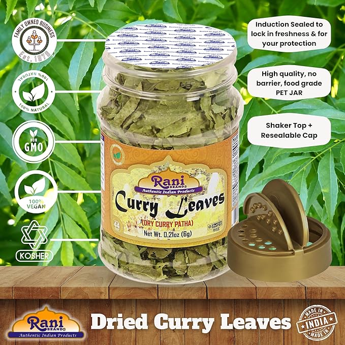 Rani Dried Curry Whole Leaves (Kari Neem Patha) Indian Spice 0.21oz (6g) PET Jar ~ Non-irradiated | All Natural | Vegan | Gluten Friendly | NON-GMO | Kosher | Product of USA
