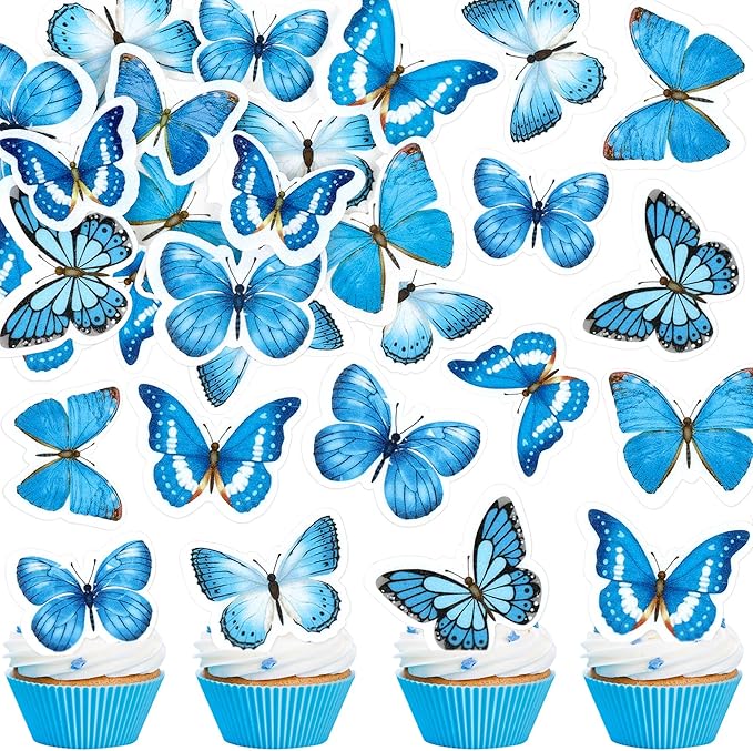 48Pcs Edible Butterfly Cupcake Toppers Double Layer Butterfly Decorations for Women's Happy Birthday Cake Decorations Party Decorations