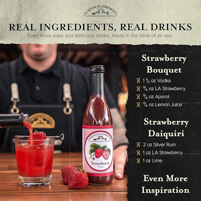 Liquid Alchemist Strawberry Syrup for Drinks - Real Ingredients Make our Strawberry Puree for Drinks a Perfect Margarita Mix - Our Flavored Syrup is Gluten & Dairy Free (12.7 oz)