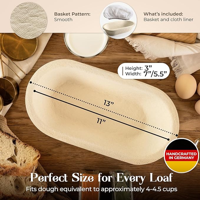13" Oval Wood Pulp Banneton Bread Proofing Basket ??2.2LB Brotform, Smooth Surface??Non-Stick Natural Wood Pulp Pressed for Durability??Made in Germany Proofing Baskets for Sourdough Bread Baking