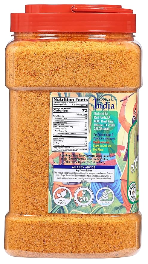 Rani Masala Shakkar (Indian Spiced Jaggery Powder) Unrefined Raw Cane Sugar 70oz (4.4lbs) 2kg PET Jar ~ Gluten Friendly | Vegan | NON-GMO | Kosher | No Salt or fillers | Indian Product