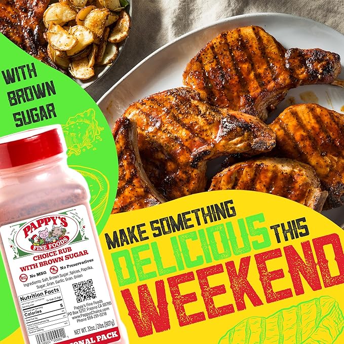 New Pappy's Choice Rub With Brown Sugar. Perfect for bbq and smoked brisket, steak, beef, chicken, fajita, seafood, veggies, rotisserie, fried, roast pulled and slow cooked meats and more - A NEW twist on a 30+ year seasoning recipe.