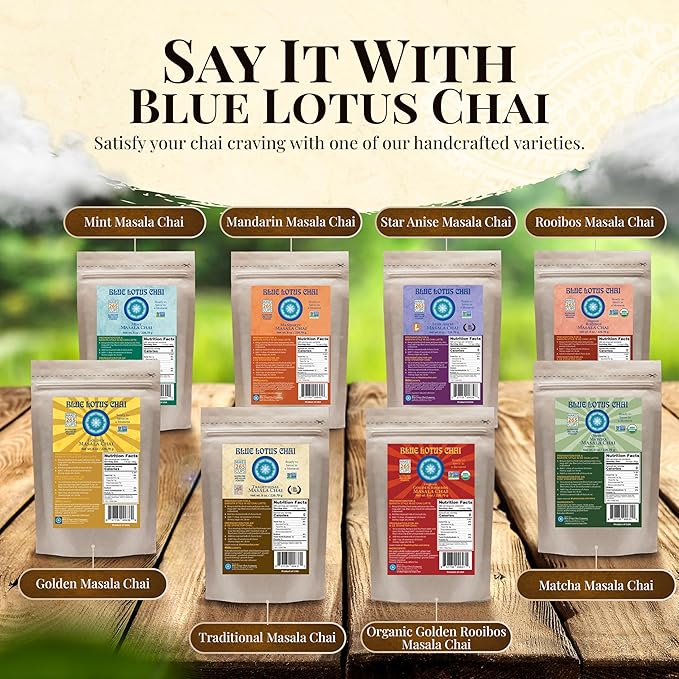 Blue Lotus Chai - Organic Golden Rooibos Masala Chai - Makes 265 Cups - 8oz Bag Masala Spiced Chai Powder with Organic Spices - Instant Indian Tea No Steeping - No Gluten