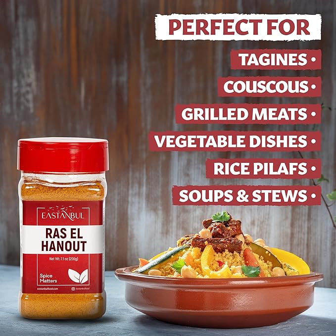 Eastanbul Ras El Hanout Spice, 7.1oz, Meat Seasoning, All-in-One Ras El Hanout Moroccan Spice Blend, North African Baharat Blend, Farm Fresh International Seasonings, Low Sodium, No MSG, No Filler