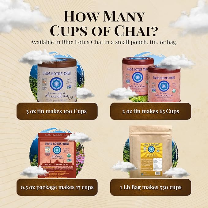 Blue Lotus Chai - Rooibos Masala Chai - Makes 17 Cups - 0.5 oz Pouch Masala Spiced Chai Powder with Organic Spices - Instant Indian Tea No Steeping - No Gluten