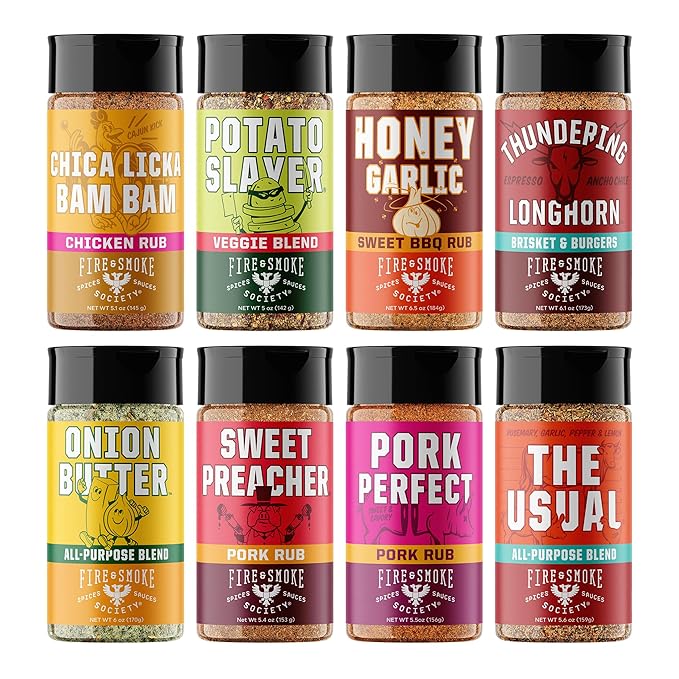 Fire & Smoke Society Essential Grill Variety Pack | BBQ Rubs and Seasonings, Grilling Gifts for Fathers Day, Mens Gifts | Steak Seasoning, Chicken, Burgers, Pulled Pork | Large Spices Set (8-Pack)