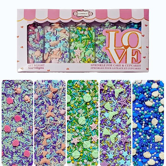 DecoratingConfect Under the Sea Sprinkle Mix Set ??Starfish, Shell & Fishes -5 Assorted Pastel Blends for Cake, Cupcake & Cookie Decorating ??Ocean-Themed Edible Decorations -Vegan, Gluten-Free, Nut-Free, Soy-Free, Dairy-Free, Palm Oil-Free -5 Oz