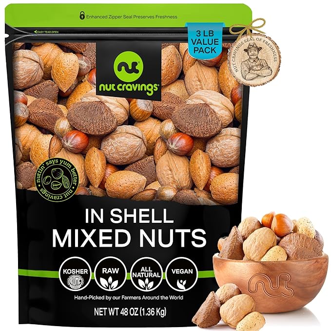 NUT CRAVINGS - Mixed Nuts (In Shell) Brazil, Walnuts, Filberts, Almonds, Pecans (48oz - 3 LB) Packed Fresh in Resealable Bag - Healthy Snack, Food Assortments