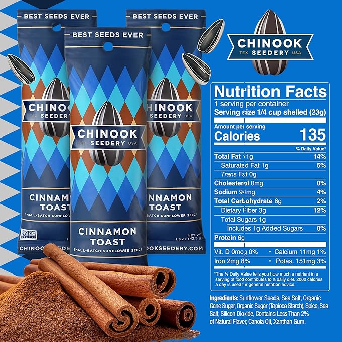Chinook Seedery Roasted Sunflower Seeds to Eat - 1.5 oz (Pack of 36) Cinnamon Toast - Jumbo Low Sodium Sunflower Seeds Keto Snacks - Adventure, Baseball, School Snacks - Gluten Free, Non GMO Snacks