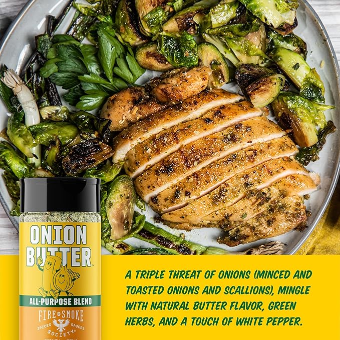 Fire & Smoke Society Onion Butter All Purpose Seasoning | BBQ Rubs for Smoking and Grilling | Steak, Grilled Chicken, Pork, Burgers | Onions, Green Herbs, White Pepper | M 6 oz
