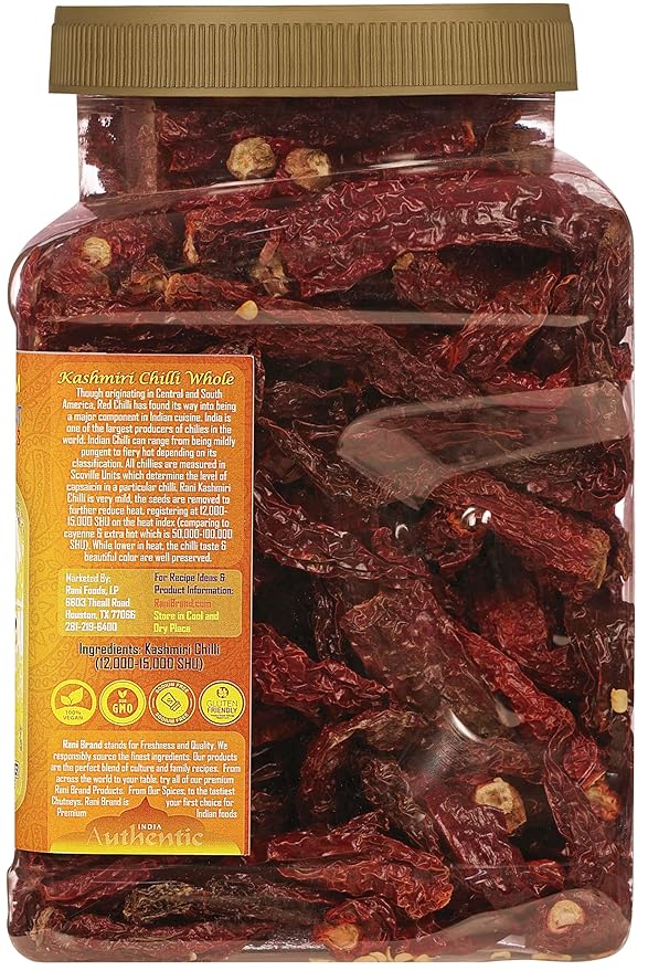 Rani Kashmiri Chilli Whole (Deggi Mirch, Low Heat) 9oz (255g) PET Jar ~ Natural | Salt-Free | Vegan | No Colors | Gluten Friendly | NON-GMO | Kosher | Indian Origin