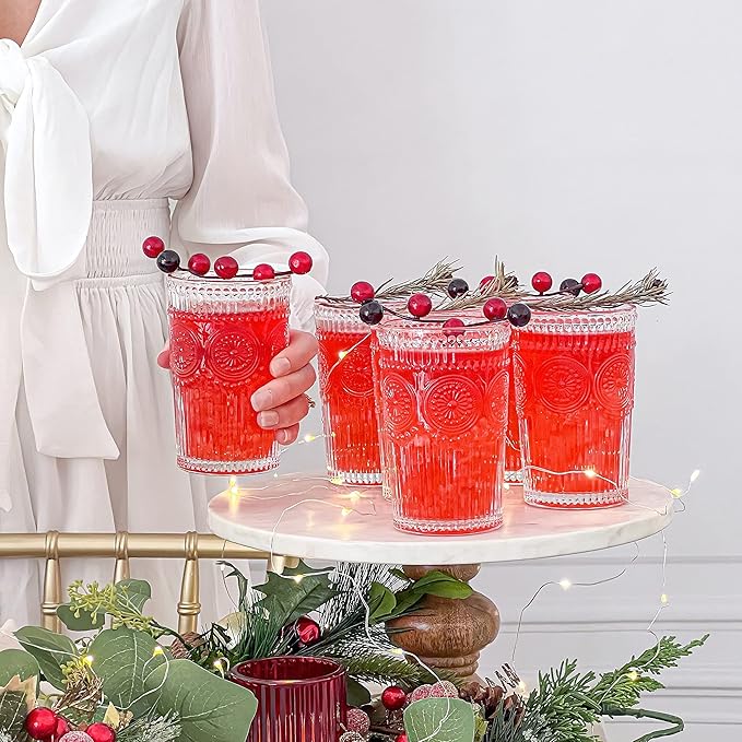 Kate Aspen Vintage Textured Clear Striped Drinking Glasses Set of 6, (13 oz) Ribbed Glassware Set with Flower Design | Cocktail Set, Glass Cups, Iced Coffee Cup