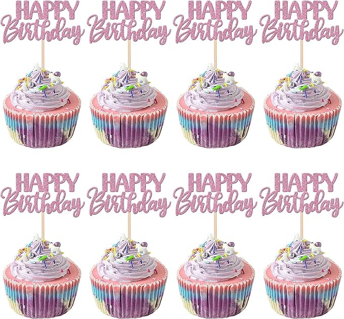 30 PCS Happy Birthday Cupcake Toppers Glitter Happy Birthday Cupcake Picks for Celebrating Birthday Anniversary Theme Party Cake Decorations Supplies Purple