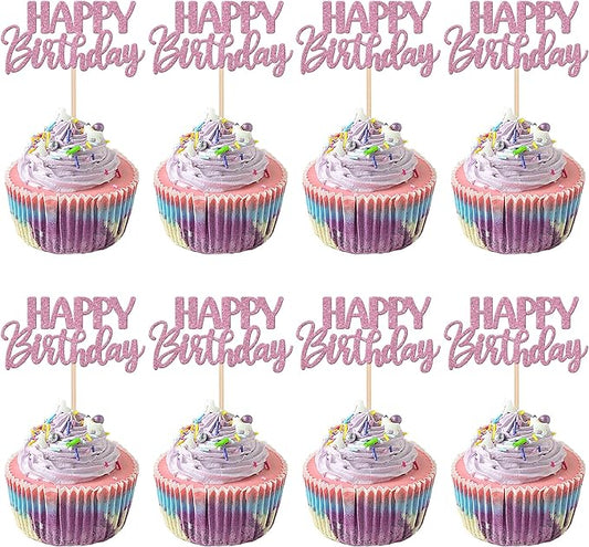 30 PCS Happy Birthday Cupcake Toppers Glitter Happy Birthday Cupcake Picks for Celebrating Birthday Anniversary Theme Party Cake Decorations Supplies Purple