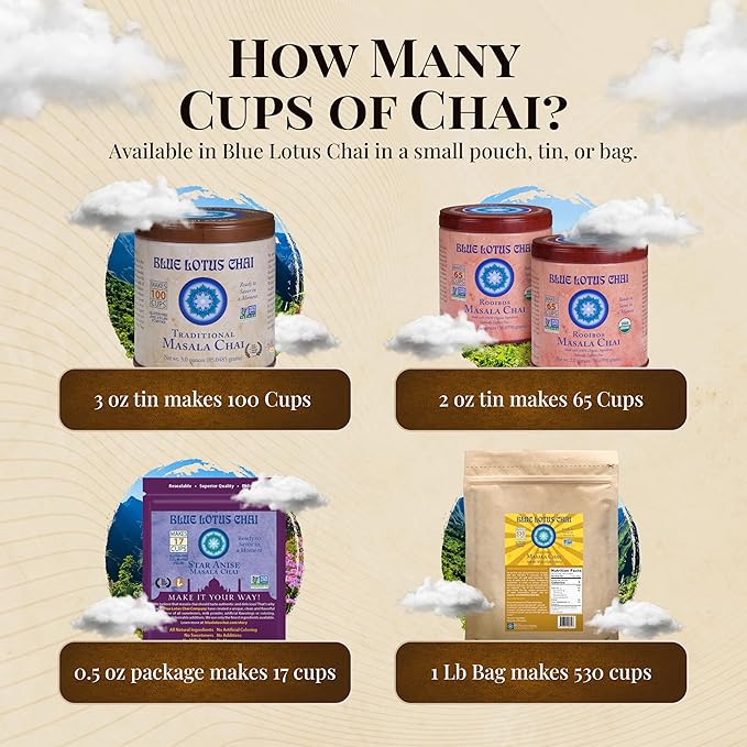 Blue Lotus Chai - Star Anise Masala Chai - Makes 17 Cups - 0.5 oz Pouch Masala Spiced Chai Powder with Organic Spices - Instant Indian Tea No Steeping - No Gluten