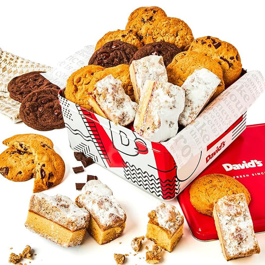 David's Cookies Assorted Fresh Baked Cookies & Crumb Cake Tin - 1Lb Assorted Cookies + 8 Individually Wrapped Crumb Cakes With Raspberry & Original Butter Flavors ??Delicious Gourmet Food Gift For All